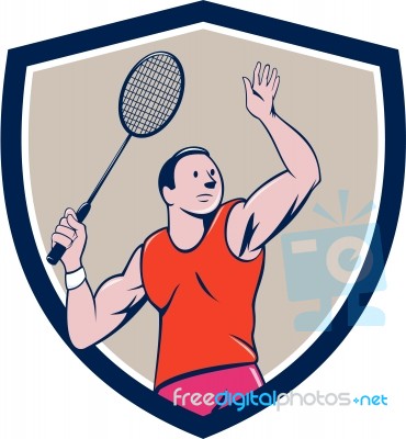 Badminton Player Racquet Striking Crest Cartoon Stock Image