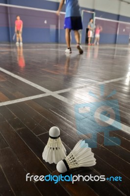 Badminton - Two Shuttlecocks In The Badminton Courts Stock Photo