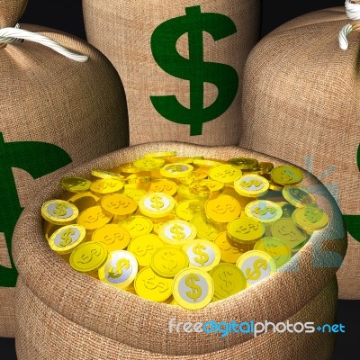 Bags Of Coins Shows American Wealth Stock Image