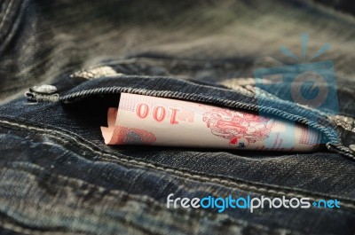 Baht Bill In Jean Pocket Stock Photo