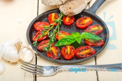 Baked Cherry Tomatoes With Basil And Thyme Stock Photo