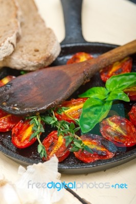 Baked Cherry Tomatoes With Basil And Thyme Stock Photo