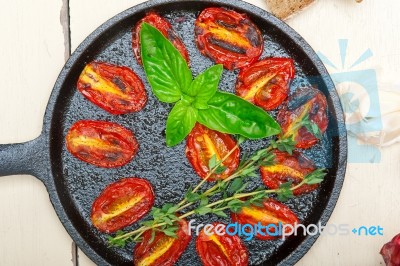 Baked Cherry Tomatoes With Basil And Thyme Stock Photo