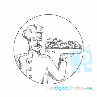 Baker Holding Bread On Plate Doodle Art Stock Image