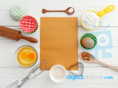 Baking Background With Blank Paper Stock Photo