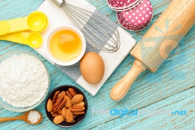 Baking Cupcake With Ingredients And Tools Stock Photo