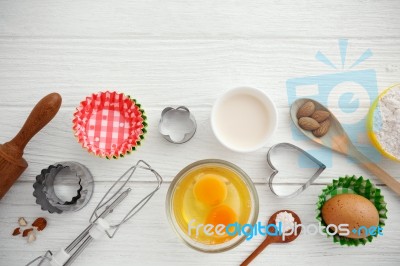 Baking Ingredients On White Wood Stock Photo