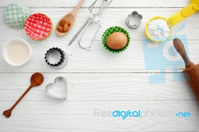 Baking Ingredients On White Wood Background Stock Photo