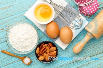 Baking Ingredients On Wood Table Stock Photo