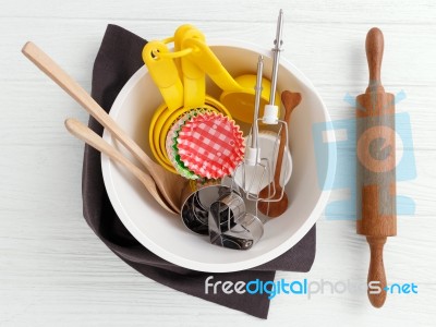 Baking Tools And Utensils In Mixing Bowl Stock Photo