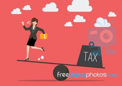 Balancing Between Business Woman And Tax Stock Image