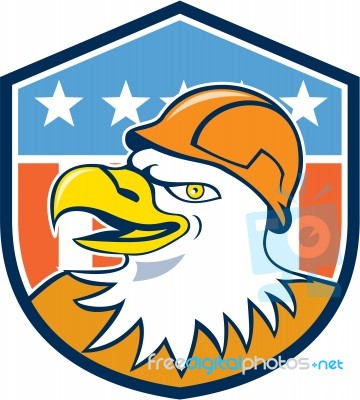 Bald Eagle Construction Worker Head Flag Cartoon Stock Image