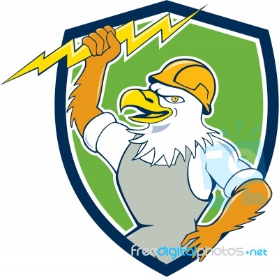 Bald Eagle Electrician Lightning Bolt Shield Cartoon Stock Image