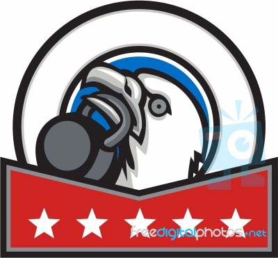 Bald Eagle Lifting Kettleball Circle Stars Retro Stock Image