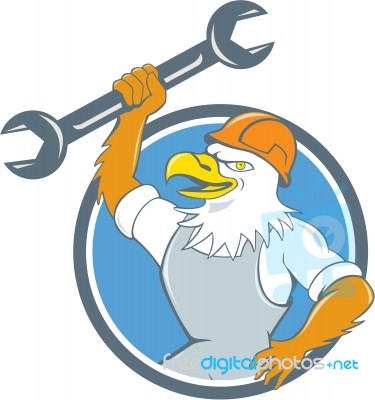 Bald Eagle Mechanic Spanner Circle Cartoon Stock Image