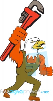 Bald Eagle Plumber Monkey Wrench Cartoon Stock Image