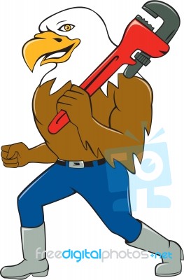 Bald Eagle Plumber Monkey Wrench Circle Cartoon Stock Image