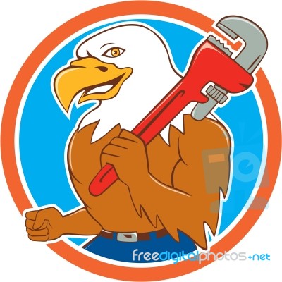 Bald Eagle Plumber Monkey Wrench Circle Cartoon Stock Image