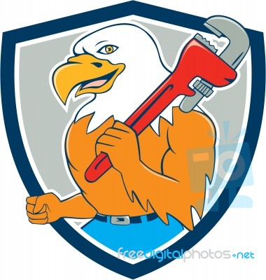 Bald Eagle Plumber Monkey Wrench Shield Cartoon Stock Image