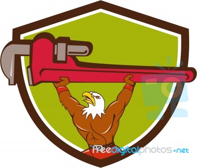 Bald Eagle Plumber Monkey Wrench Shield Cartoon Stock Image