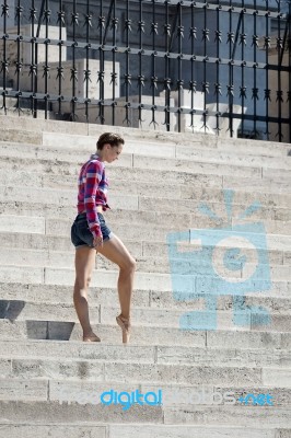 Ballerina Posing On The Steps Of The Hungarian Parlaiament Build… Stock Photo