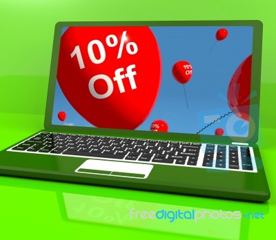 Balloons On Computer Showing Sale Discount Of Ten Percent Online… Stock Image