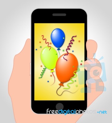 Balloons Party Online Representing Mobile Phone 3d Illustration Stock Image