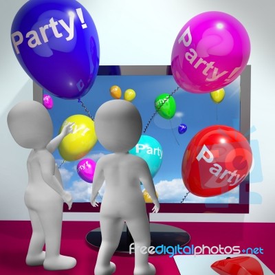 Balloons With Party Text Showing Invitations Sent Online Stock Image