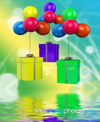 Balloons With Presents Displays Surprise Party And Birthday Pres… Stock Image