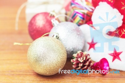 Balls With Decorations On Wooden Stock Photo