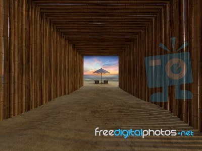 Bamboo Tunnel Cover Walkway To The Beach Stock Photo