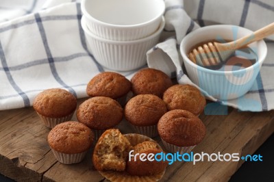 Banana Cake Honey Sweet Pastries Dessert Eating Yummy Bakery Rustic Still Life Stock Photo