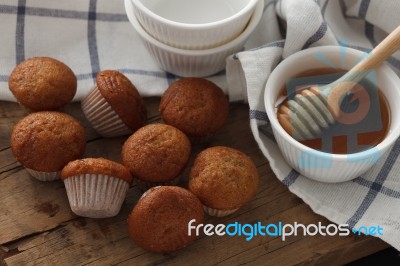 Banana Cake Honey Sweet Pastries Dessert Eating Yummy Bakery Rustic Still Life Stock Photo