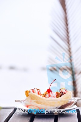 Banana Split Ice Cream With Whipped Cream And Cherry Stock Photo