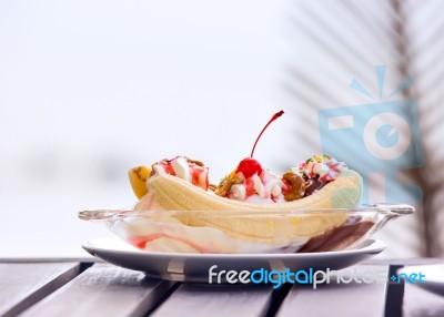 Banana Split Ice Cream With Whipped Cream And Cherry Stock Photo