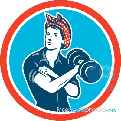 Bandana Woman Lifting Dumbbell Circle Retro Stock Image