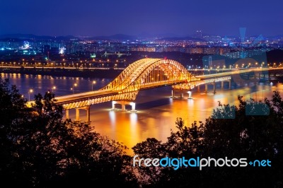 Banghwa Bridge At Night In Seoul,korea Stock Photo