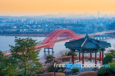 Banghwa Brigde And Small Pavilion In Seoul,korea Stock Photo