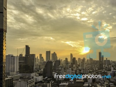 Bangkok Downtown City High Rise View With Sunset Behind Cloud In… Stock Photo