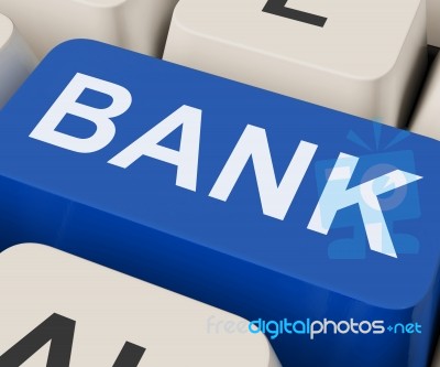 Bank Key Shows Online Or Internet Banking Stock Image