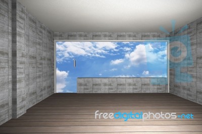 Bare Concrete Wall And Wood Floor, Sky Background Stock Image