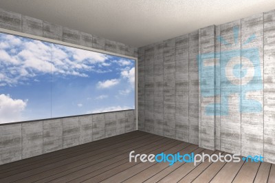 Bare Concrete Wall And Wood Floor With Blue Sky Background Stock Image