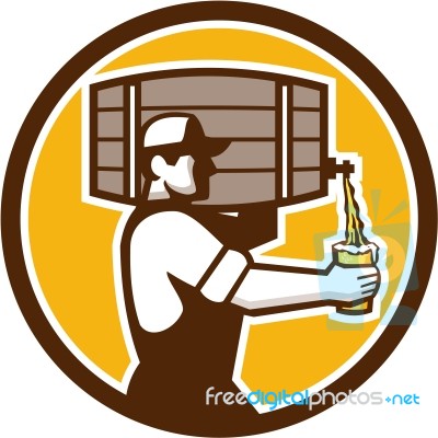 Bartender Carrying Keg Pouring Beer Circle Retro Stock Image