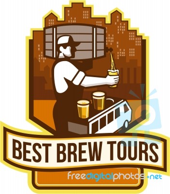 Bartender Pouring Beer Keg Cityscape Crest Retro Stock Image