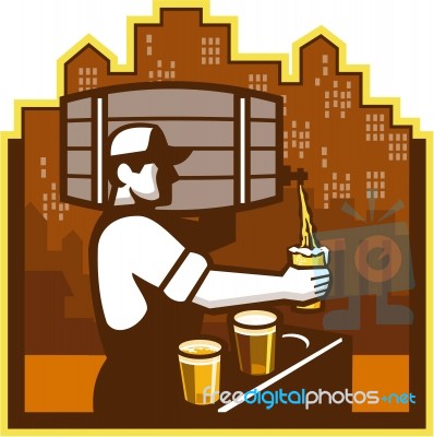 Bartender Pouring Beer Keg Cityscape Retro Stock Image