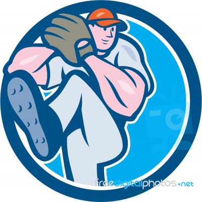 Baseball Pitcher Outfielder Leg Up Circle Cartoon Stock Image