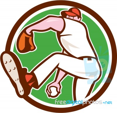 Baseball Pitcher Outfielder Throw Ball Circle Cartoon Stock Image