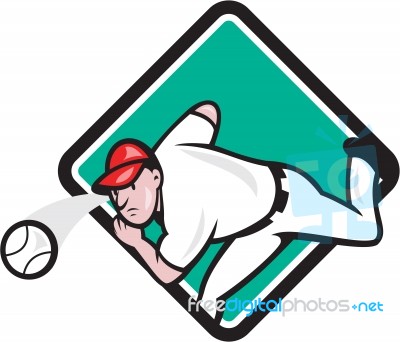 Baseball Pitcher Outfielder Throw Ball Diamond Cartoon Stock Image