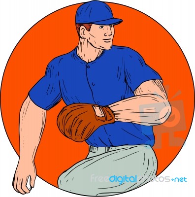 Baseball Pitcher Ready To Throw Ball Circle Drawing Stock Image