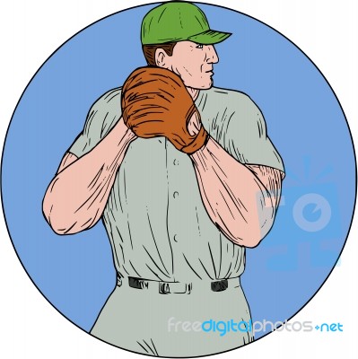 Baseball Pitcher Starting To Throw Ball Circle Drawing Stock Image